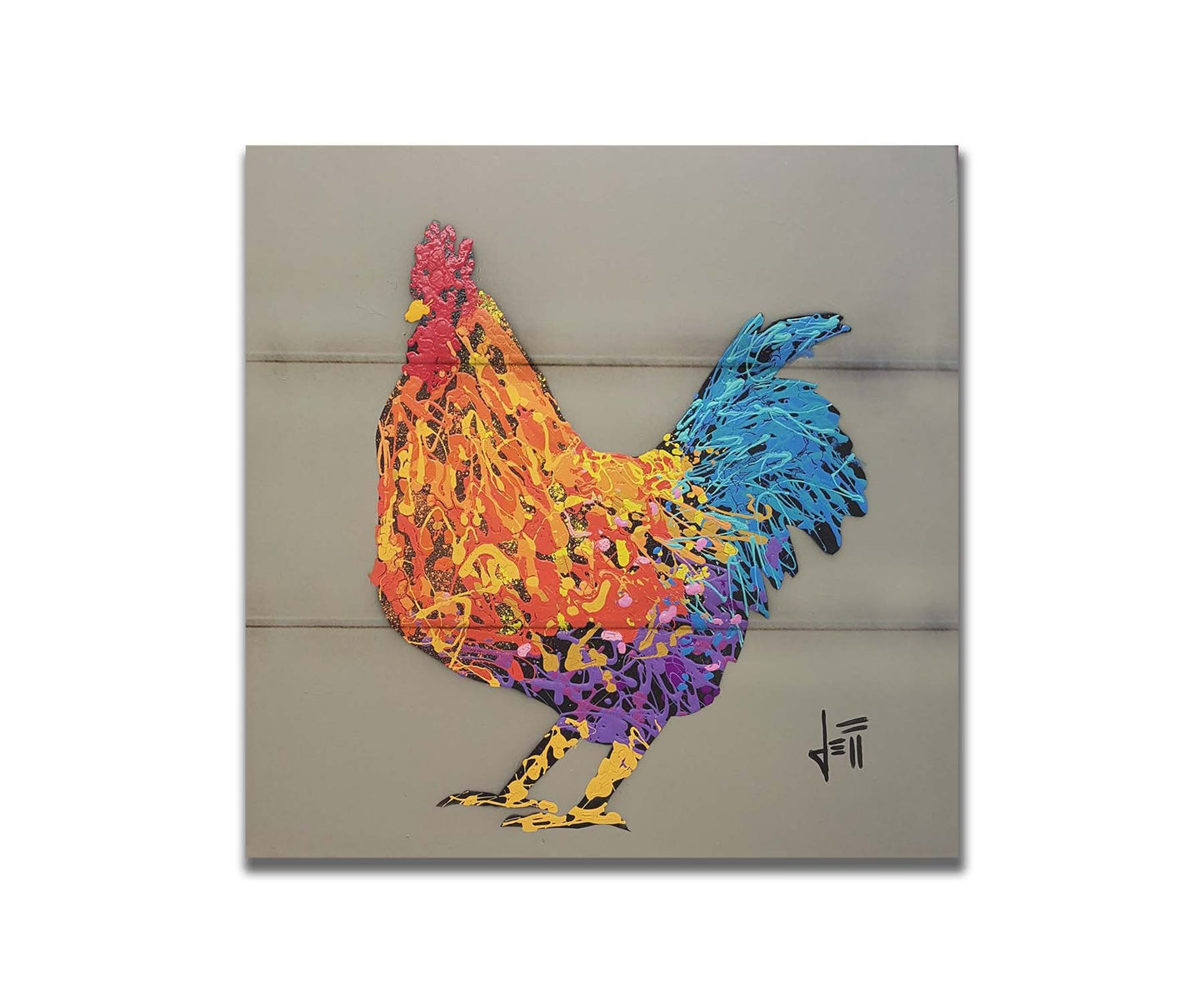 A drip painting of an orange, blue, and purple rooster on a gray background. Printed on a box board.