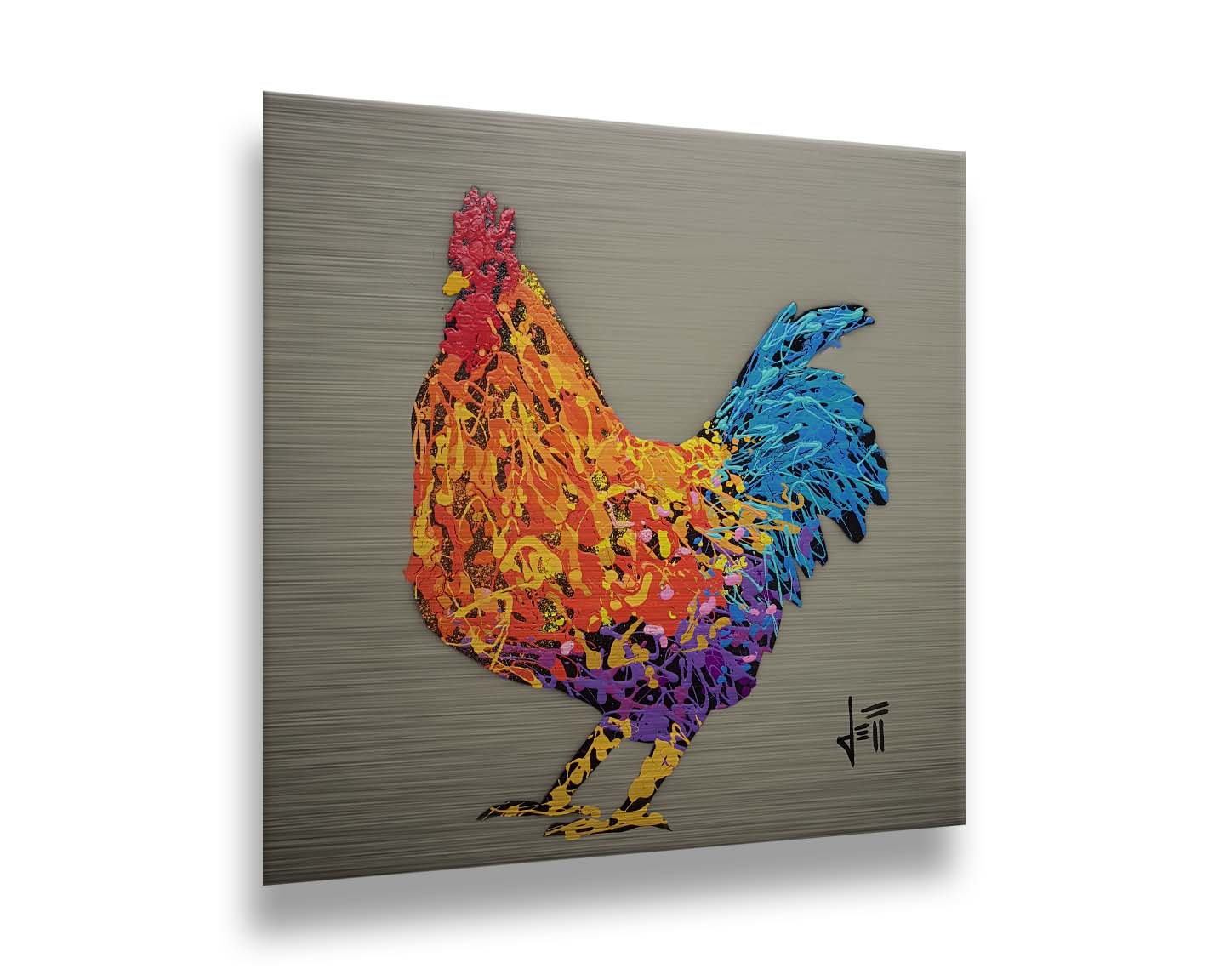 A drip painting of an orange, blue, and purple rooster on a gray background. Printed on metal.