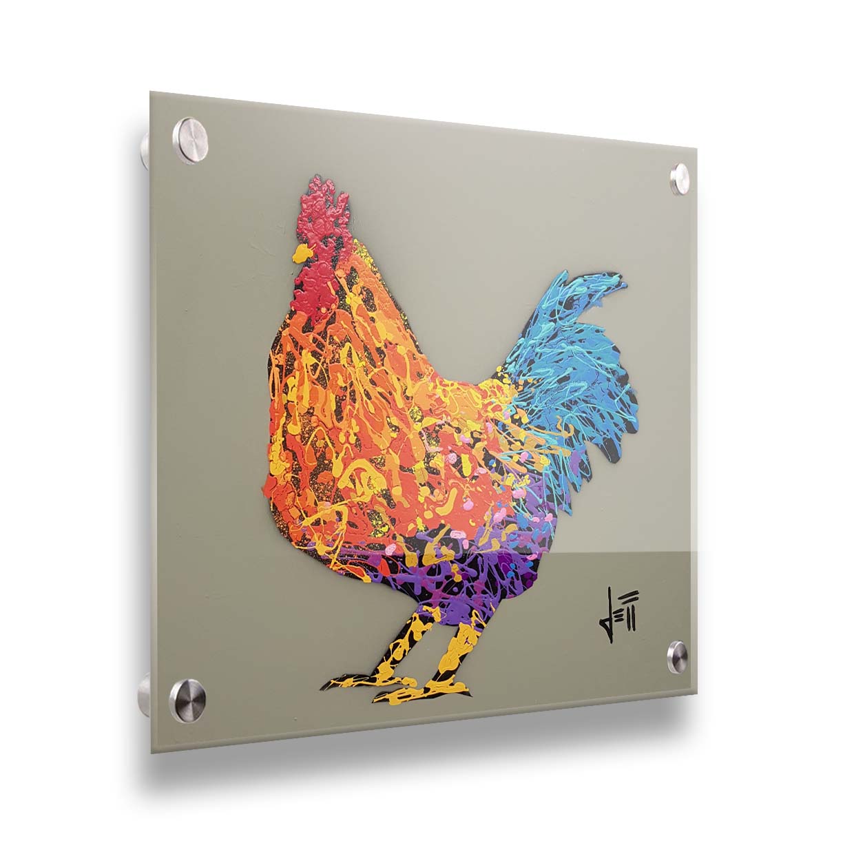 A drip painting of an orange, blue, and purple rooster on a gray background. Printed on acrylic.