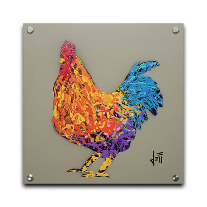 A drip painting of an orange, blue, and purple rooster on a gray background. Printed on acrylic.