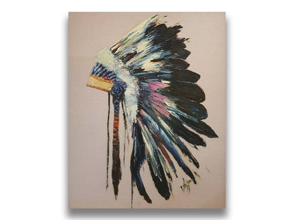 A painting of a feather headdress with vibrant colors and thick paint application, on a dusty backgound. Printed on canvas.