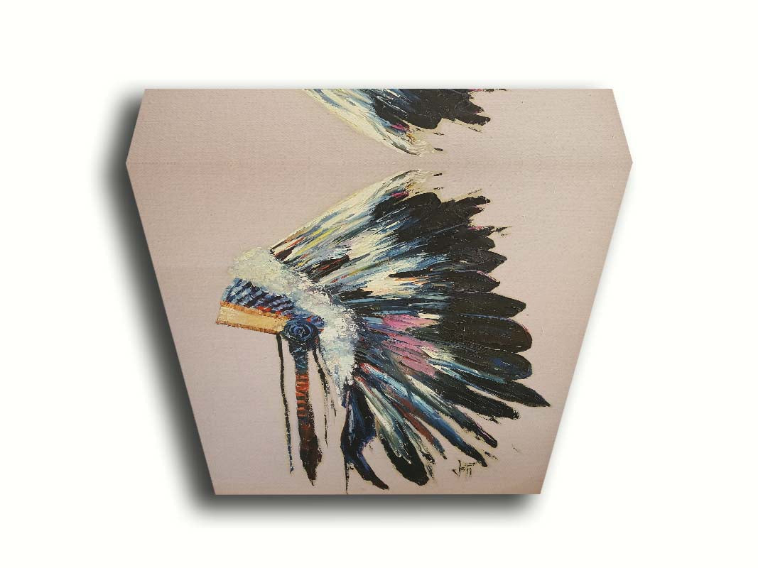 A painting of a feather headdress with vibrant colors and thick paint application, on a dusty backgound. Printed on canvas.