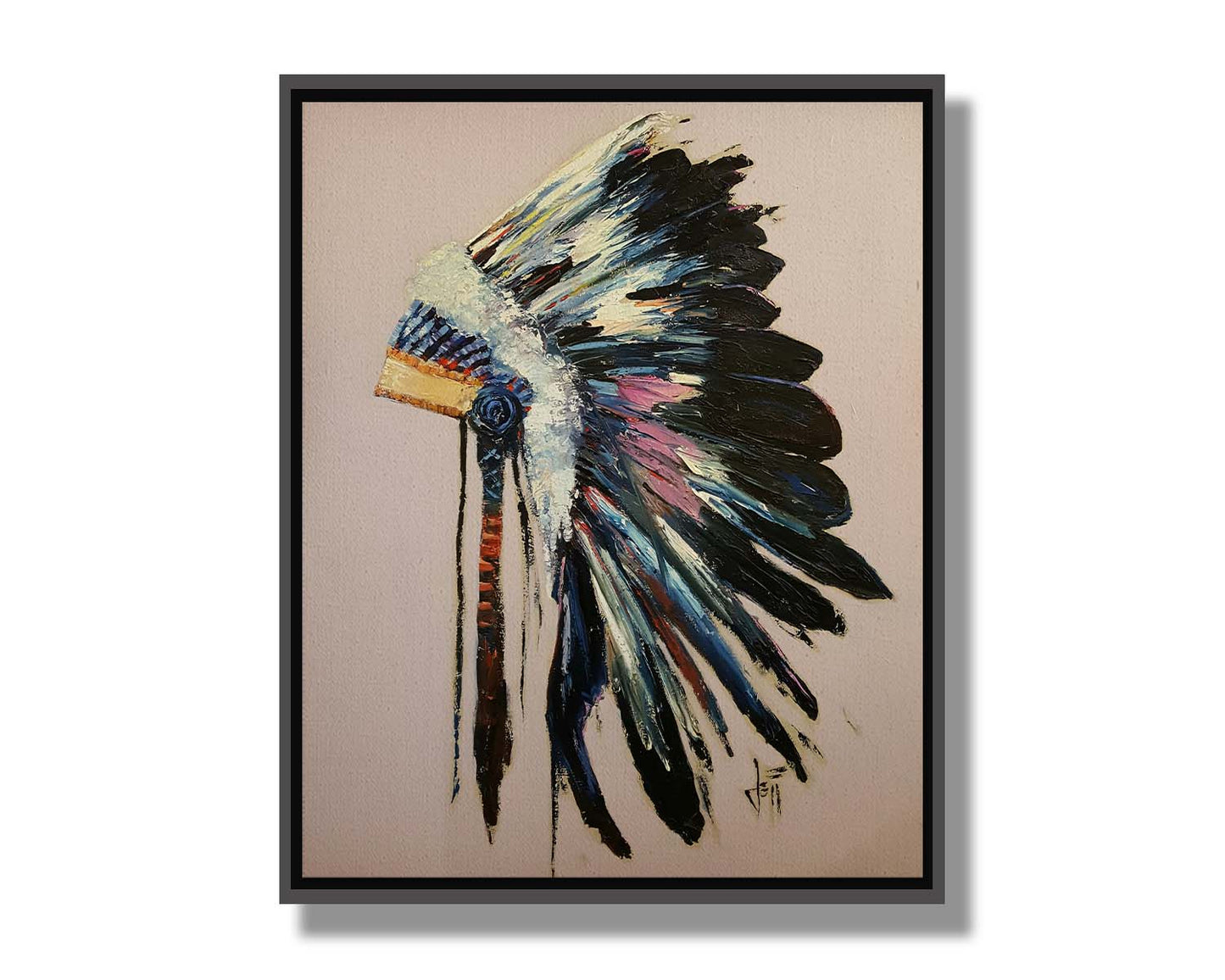 A painting of a feather headdress with vibrant colors and thick paint application, on a dusty backgound. Printed on canvas in a float frame.