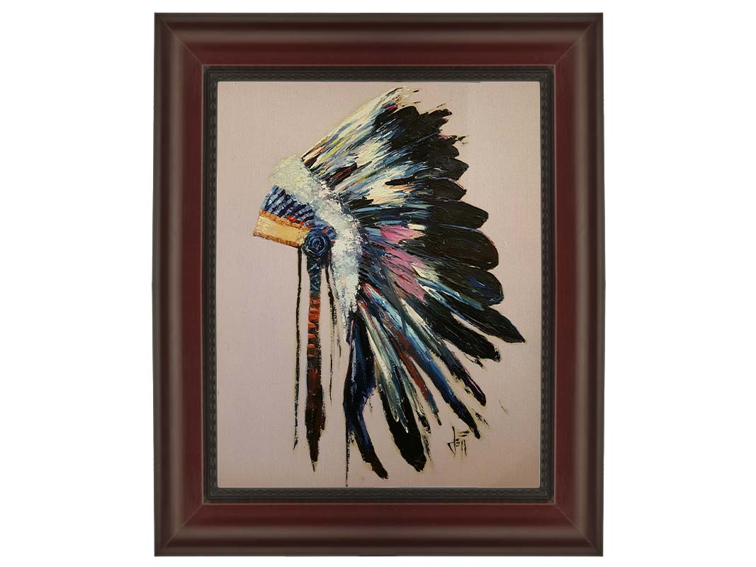 A painting of a feather headdress with vibrant colors and thick paint application, on a dusty backgound. Printed on canvas and framed.