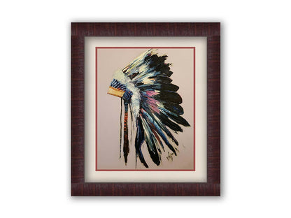 A painting of a feather headdress with vibrant colors and thick paint application, on a dusty backgound. Printed on paper, matted, and framed.