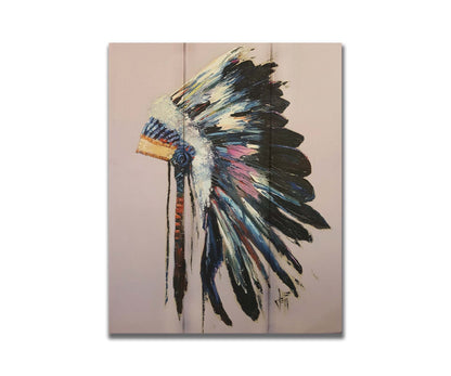 A painting of a feather headdress with vibrant colors and thick paint application, on a dusty backgound. Printed on a box board.