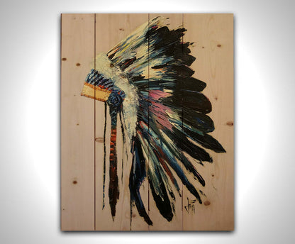 A painting of a feather headdress with vibrant colors and thick paint application, on a dusty backgound. Printed on a wood pallet.