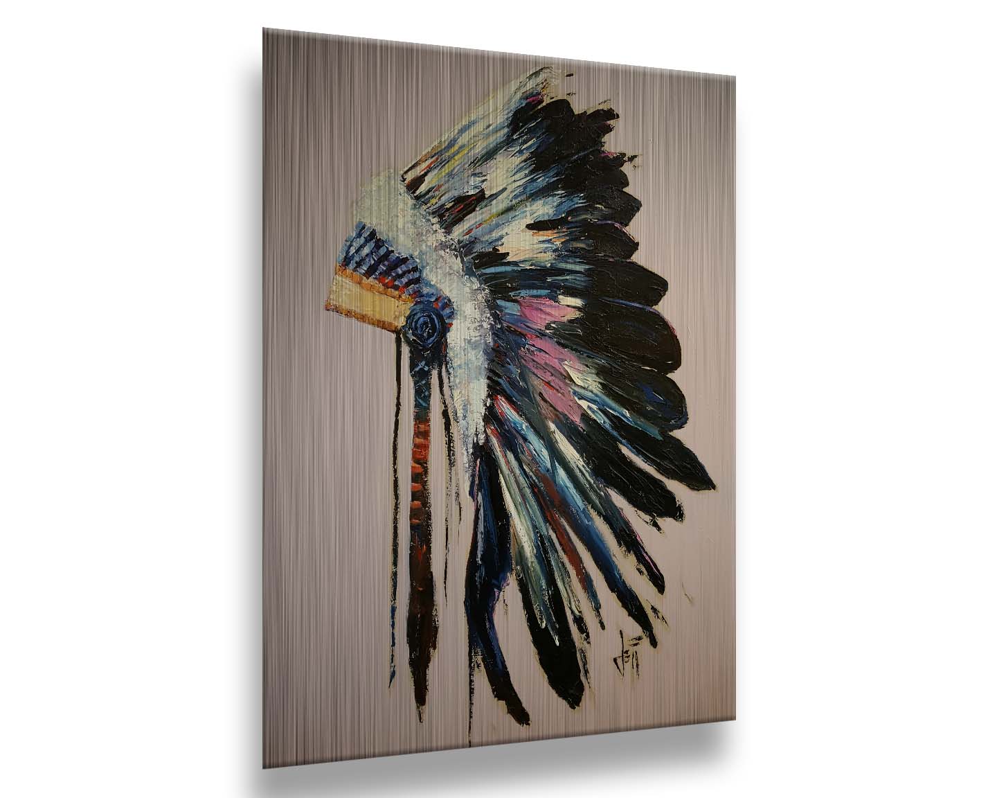 A painting of a feather headdress with vibrant colors and thick paint application, on a dusty backgound. Printed on metal.