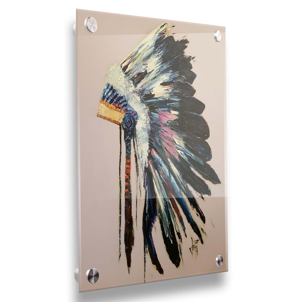 A painting of a feather headdress with vibrant colors and thick paint application, on a dusty backgound. Printed on acrylic.