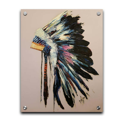 A painting of a feather headdress with vibrant colors and thick paint application, on a dusty backgound. Printed on acrylic.