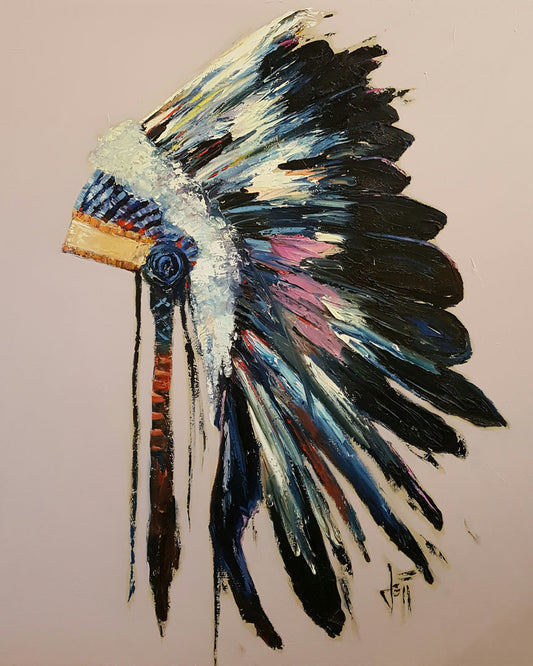 A painting of a feather headdress with vibrant colors and thick paint application, on a dusty background. 