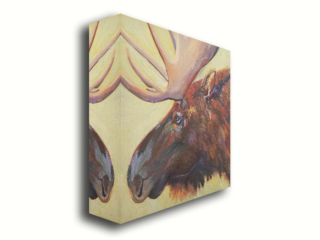 An expressive painting of a moose's face against a pale yellow background. Printed on canvas.