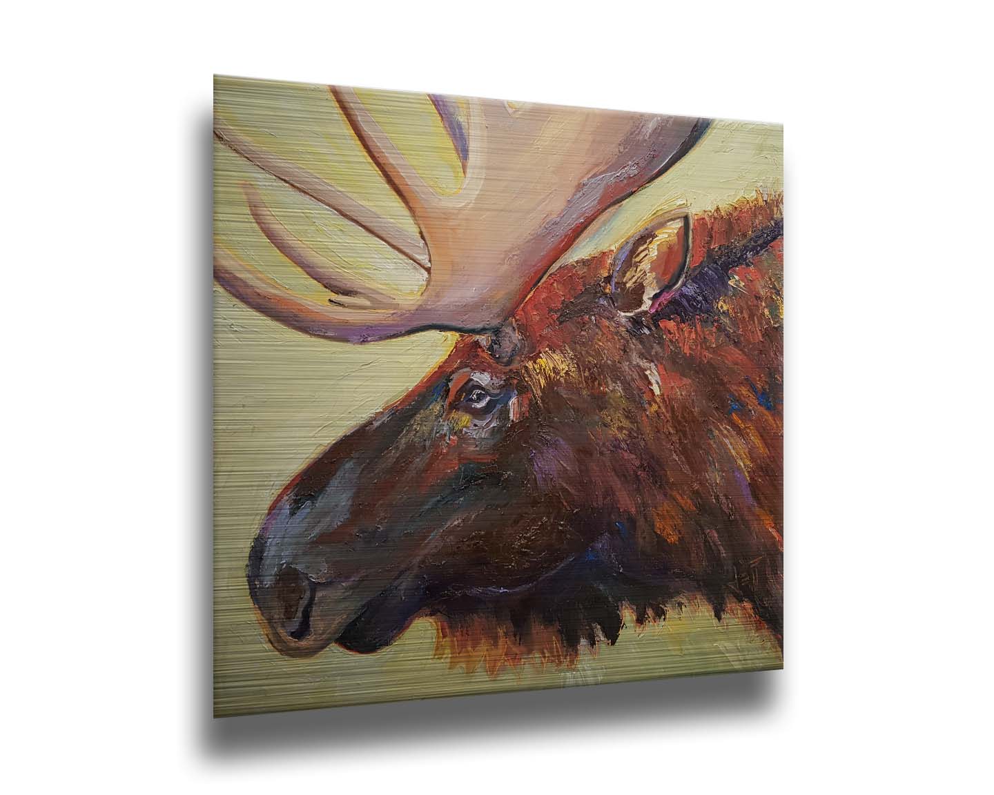 An expressive painting of a moose's face against a pale yellow background. Printed on metal.