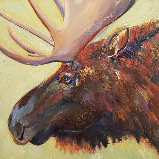 An expressive painting of a moose's face against a pale yellow background.