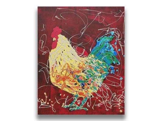 A drip painting of a yellow and green rooster on a red background, accented with white. Printed on canvas.