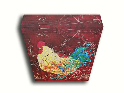 A drip painting of a yellow and green rooster on a red background, accented with white. Printed on canvas.