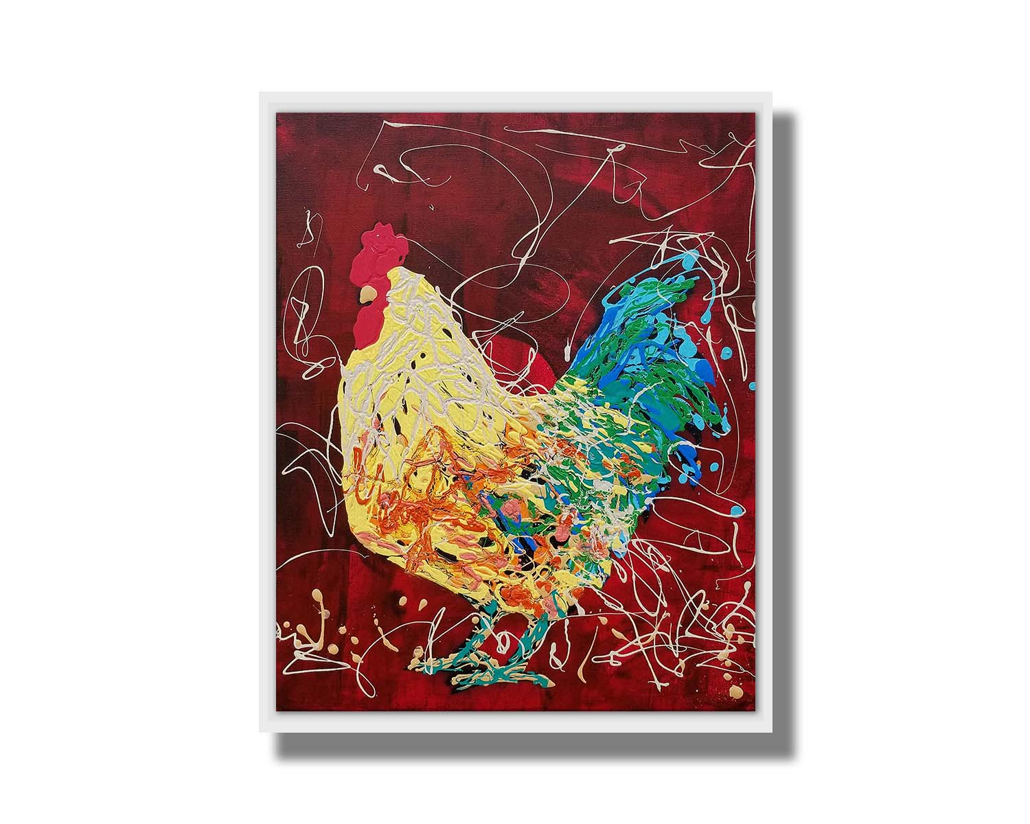 A drip painting of a yellow and green rooster on a red background, accented with white. Printed on canvas in a float frame.