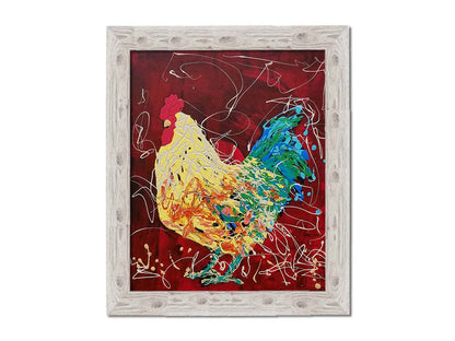 A drip painting of a yellow and green rooster on a red background, accented with white. Printed on canvas and framed.