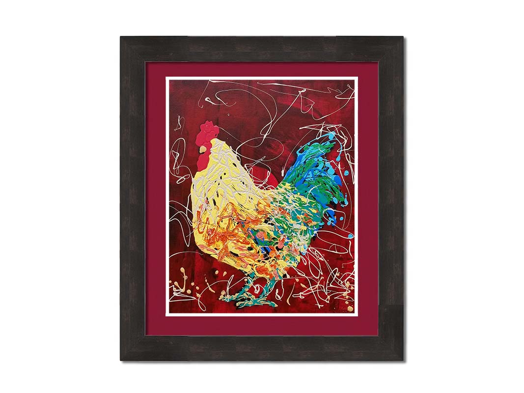 A drip painting of a yellow and green rooster on a red background, accented with white. Printed on paper, matted, and framed.