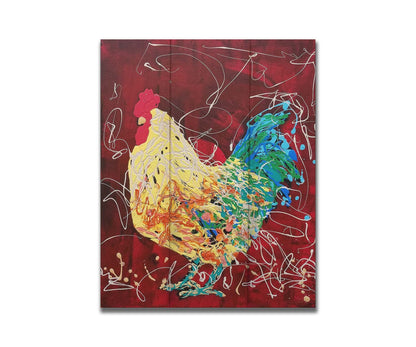 A drip painting of a yellow and green rooster on a red background, accented with white. Printed on a box board.