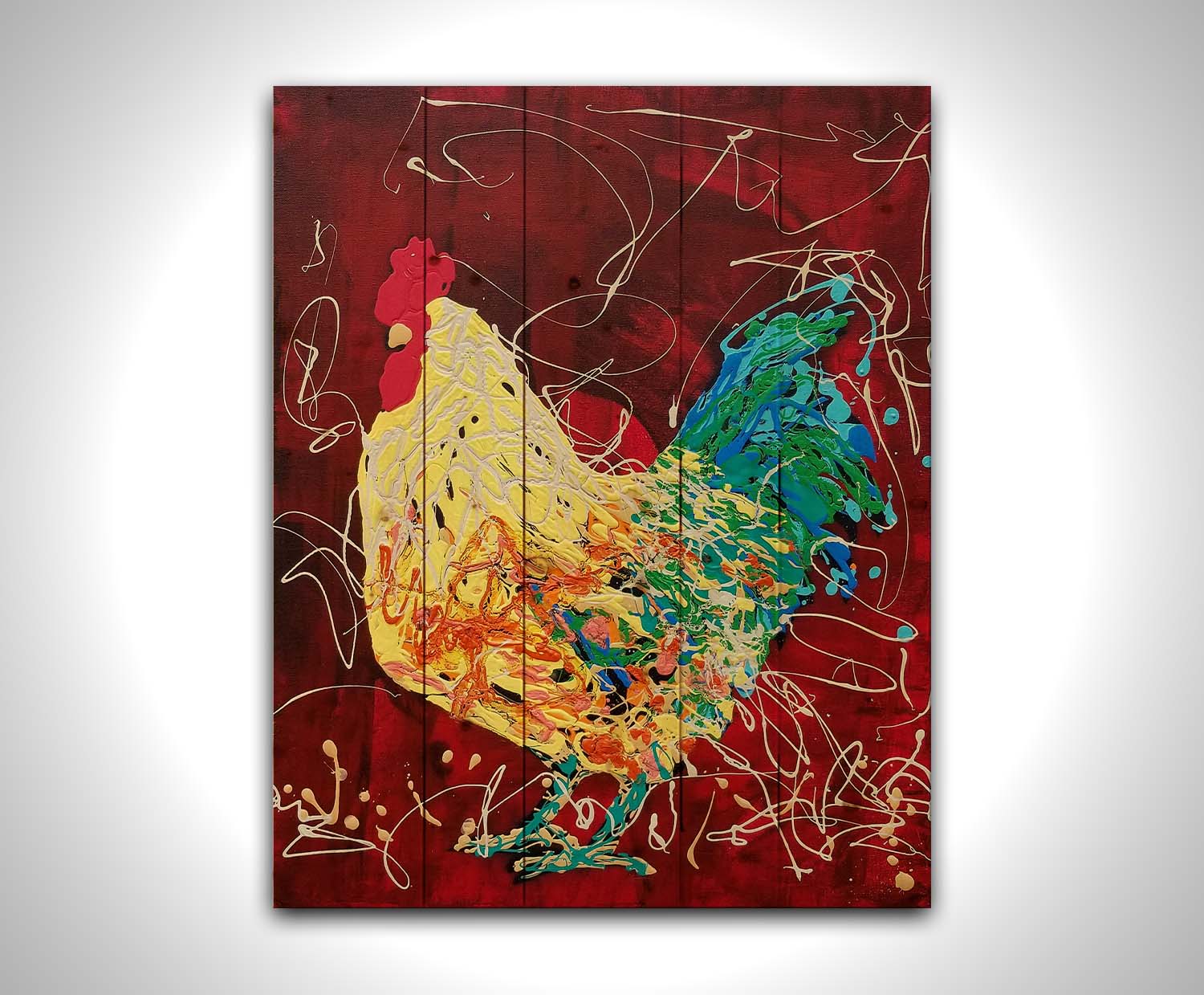 A drip painting of a yellow and green rooster on a red background, accented with white. Printed on a wood pallet.