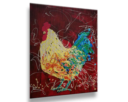 A drip painting of a yellow and green rooster on a red background, accented with white. Printed on metal.