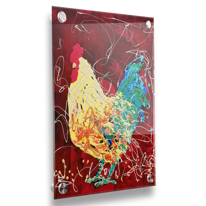 A drip painting of a yellow and green rooster on a red background, accented with white. Printed on acrylic.