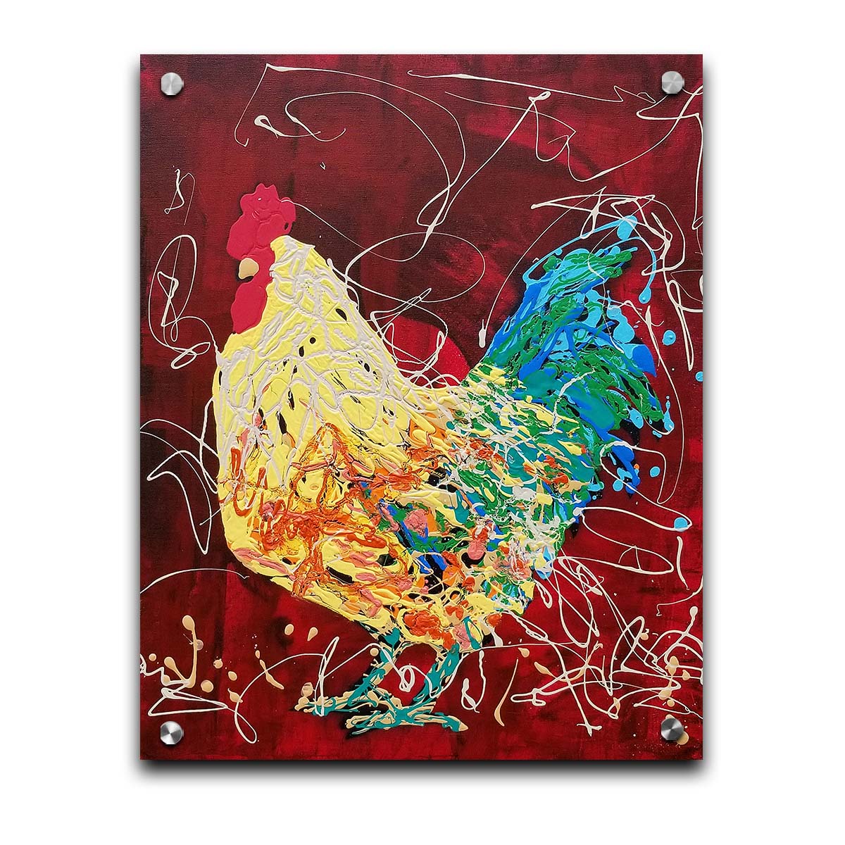 A drip painting of a yellow and green rooster on a red background, accented with white. Printed on acrylic.