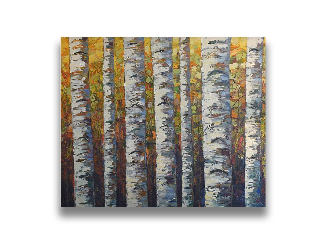 A painting of a birch forest, close up on the white trunks on a background of yellow, orange, and green leaves. Printed on canvas.