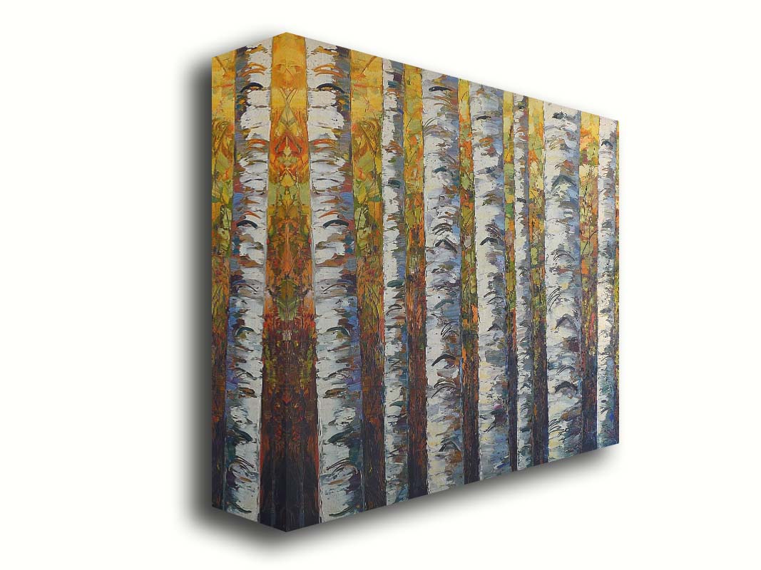 A painting of a birch forest, close up on the white trunks on a background of yellow, orange, and green leaves. Printed on canvas.