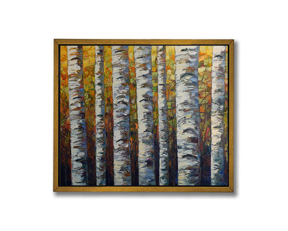 A painting of a birch forest, close up on the white trunks on a background of yellow, orange, and green leaves. Printed on canvas in a  float frame.