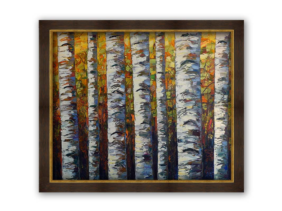 A painting of a birch forest, close up on the white trunks on a background of yellow, orange, and green leaves. Printed on canvas and framed.