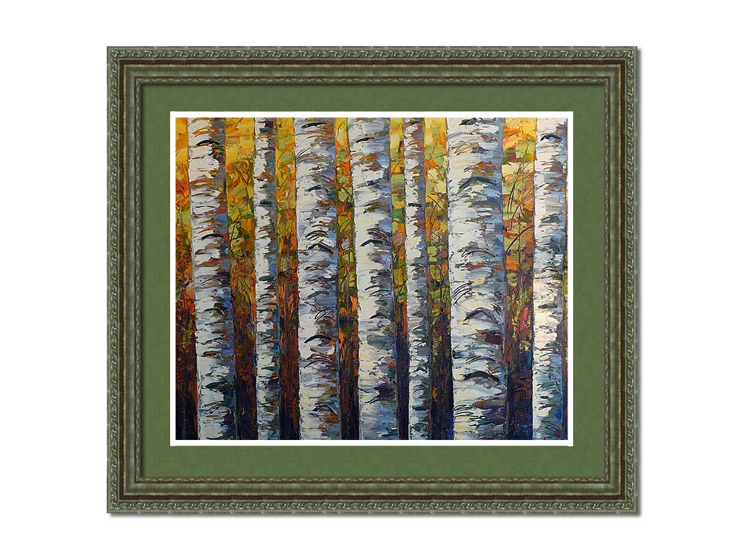 A painting of a birch forest, close up on the white trunks on a background of yellow, orange, and green leaves. Printed on paper, matted, and framed.