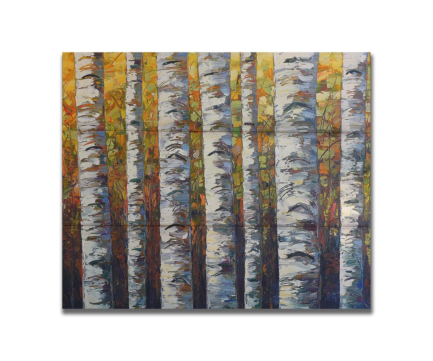 A painting of a birch forest, close up on the white trunks on a background of yellow, orange, and green leaves. Printed on a box board.