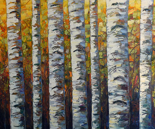 A painting of a birch forest, close up on the white trunks on a background of yellow, orange, and green leaves. 