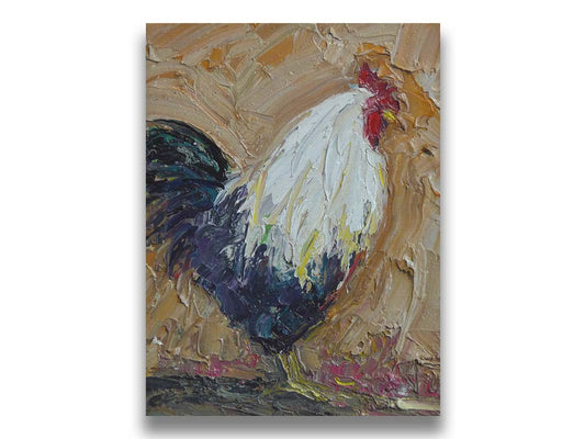 An expressive painting of a rooster, created with thick paint and wide brushstrokes. Printed on canvas.