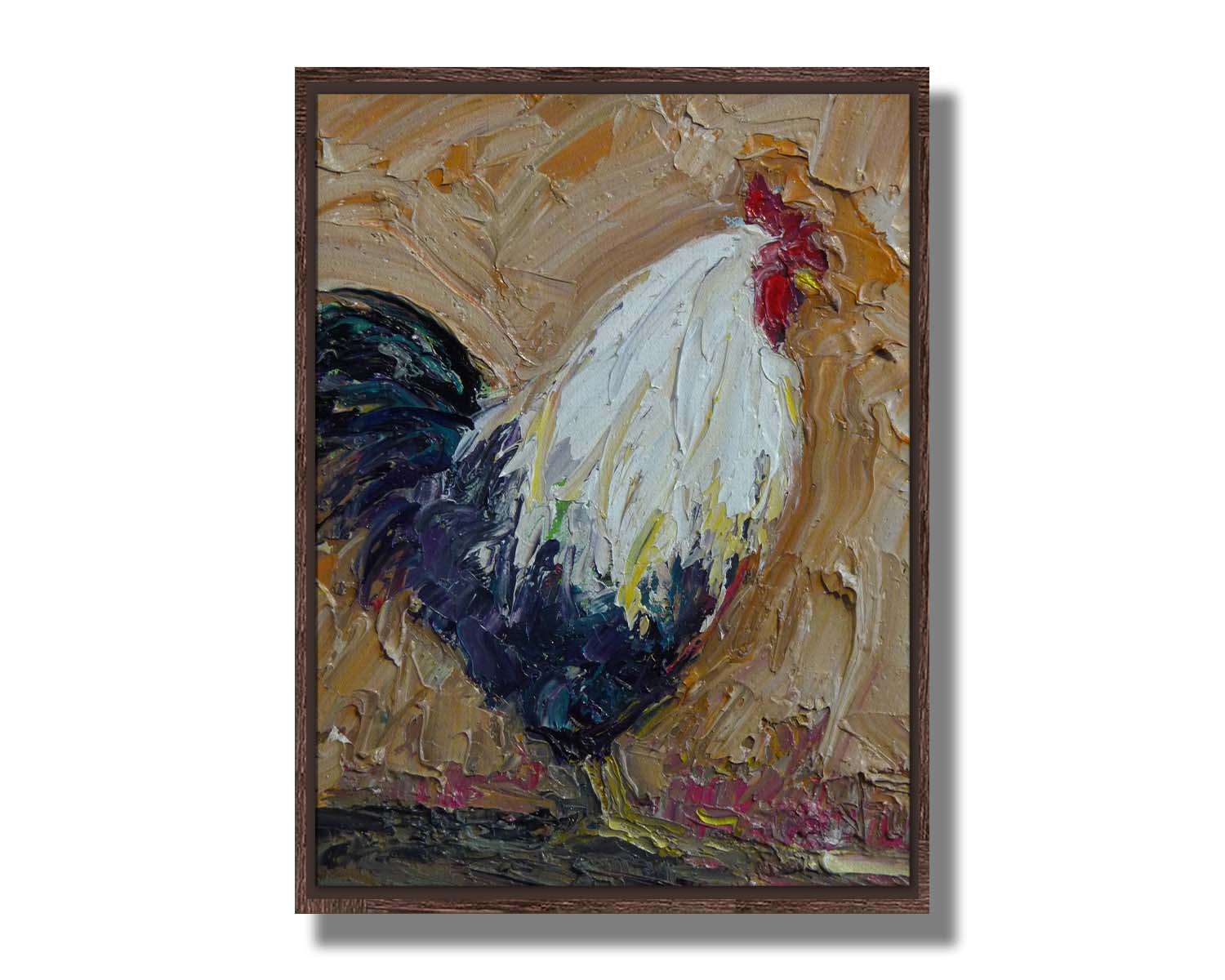 An expressive painting of a rooster, created with thick paint and wide brushstrokes. Printed on canvas in a float frame.