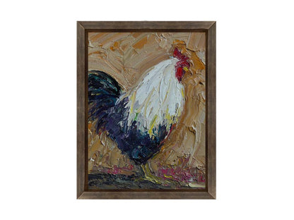 An expressive painting of a rooster, created with thick paint and wide brushstrokes. Printed on canvas and framed.