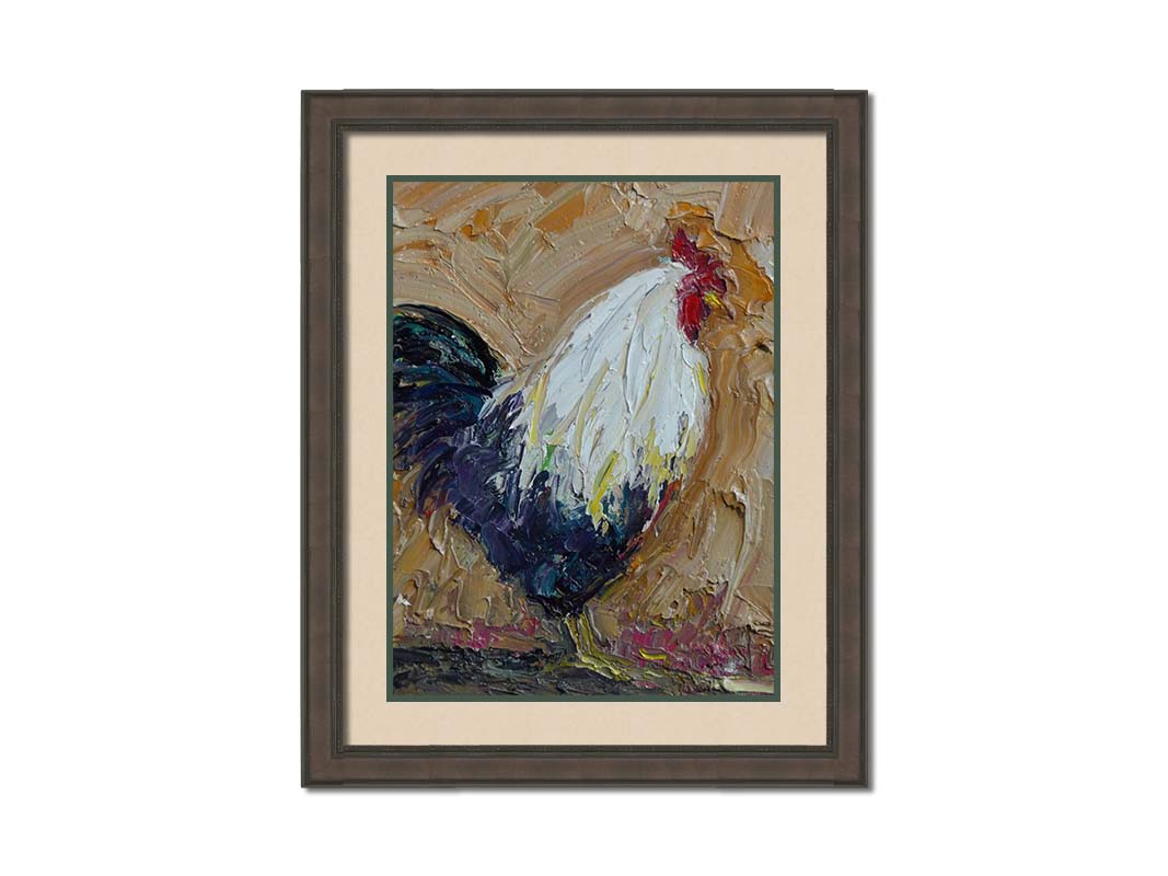 An expressive painting of a rooster, created with thick paint and wide brushstrokes. Printed on paper, matted, and framed.