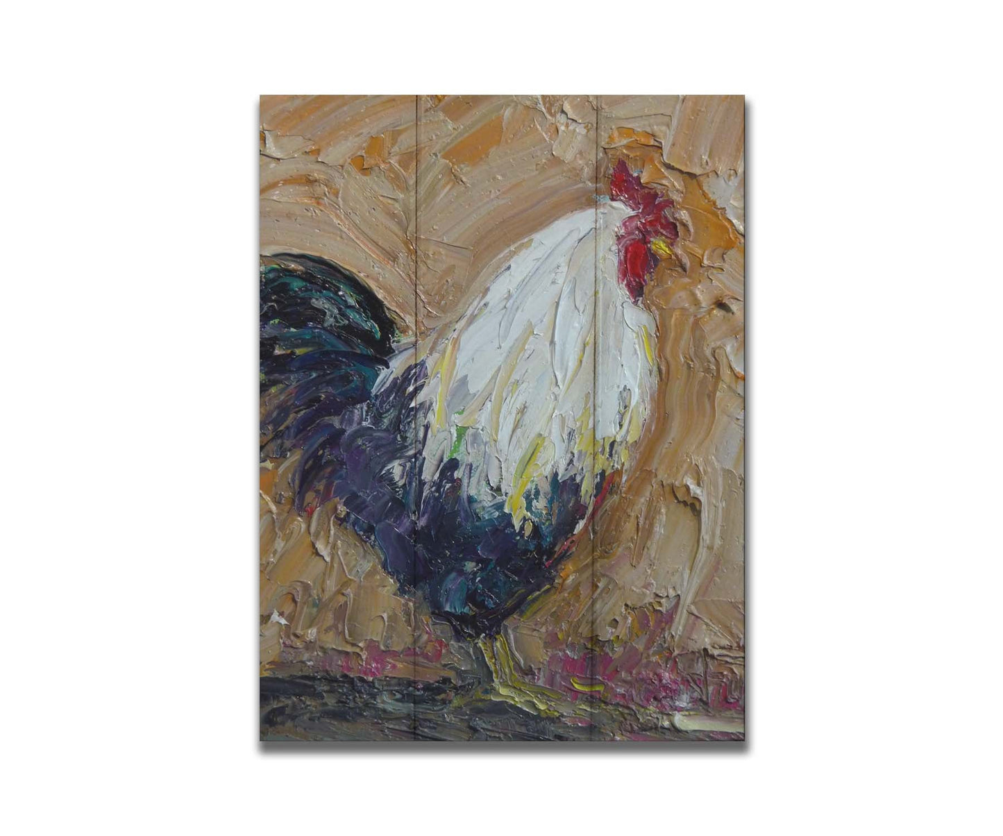 An expressive painting of a rooster, created with thick paint and wide brushstrokes. Printed on a box board.