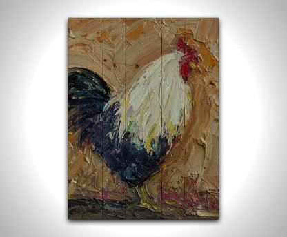 An expressive painting of a rooster, created with thick paint and wide brushstrokes. Printed on wood pallet.