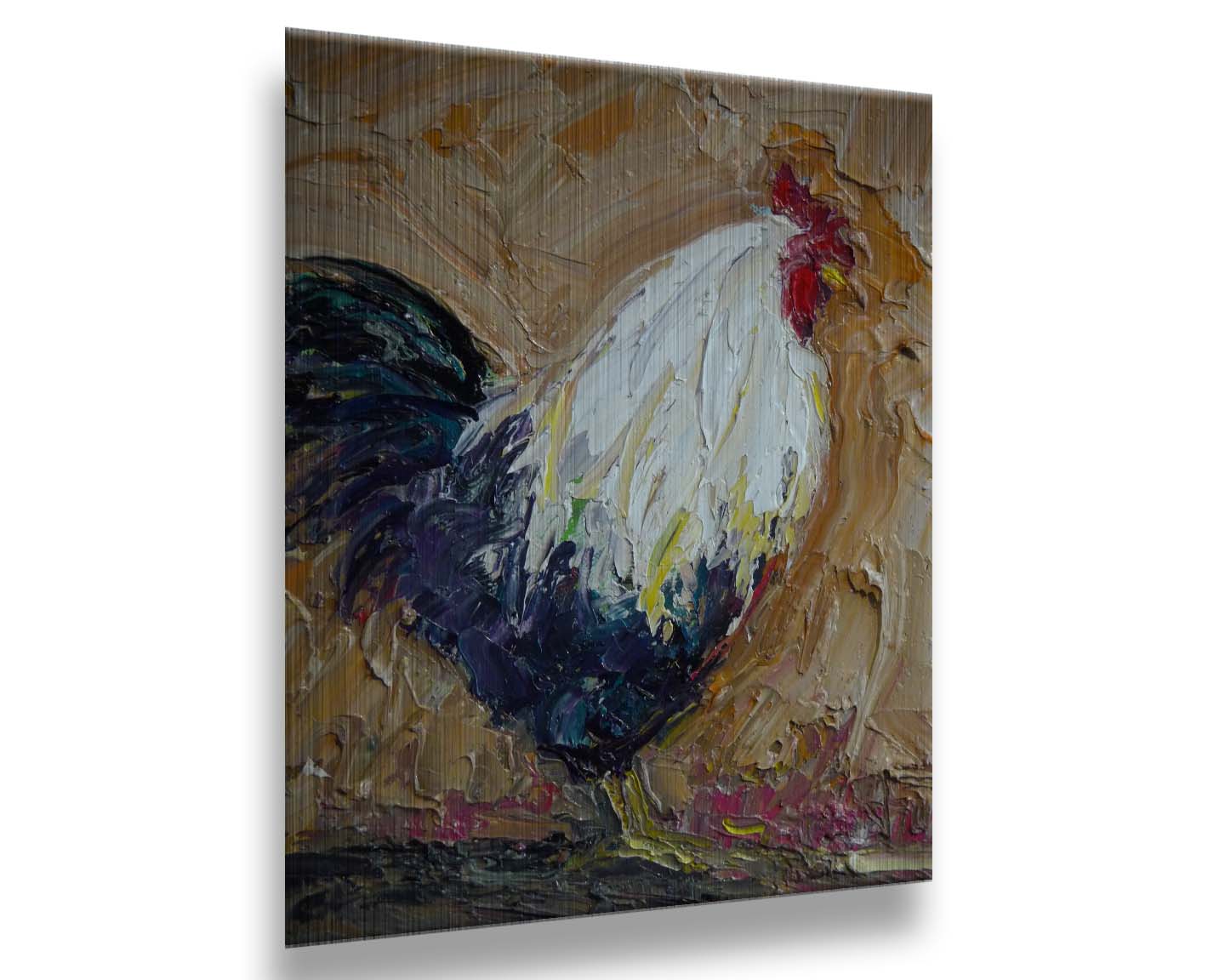 An expressive painting of a rooster, created with thick paint and wide brushstrokes. Printed on metal.