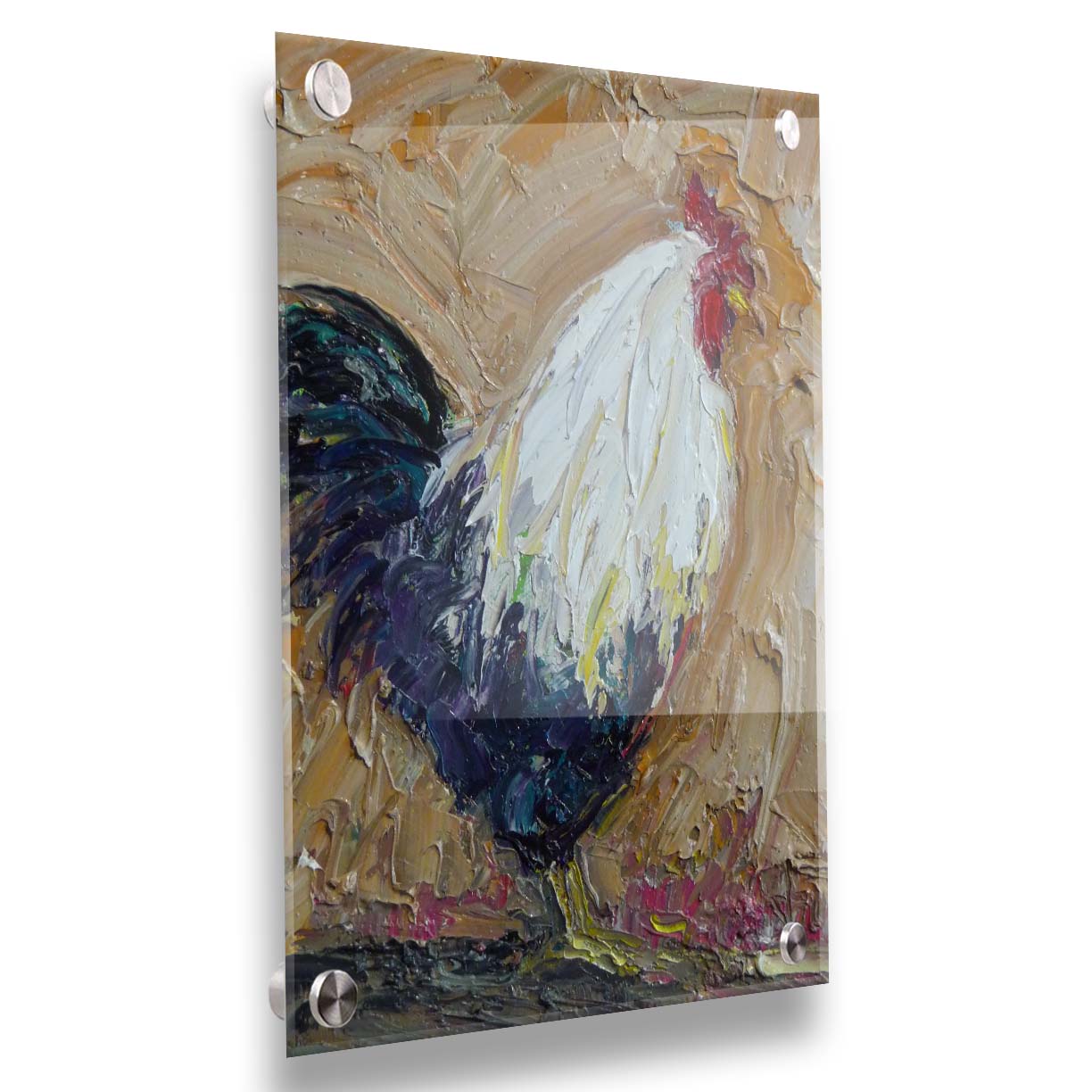 An expressive painting of a rooster, created with thick paint and wide brushstrokes. Printed on acrylic.