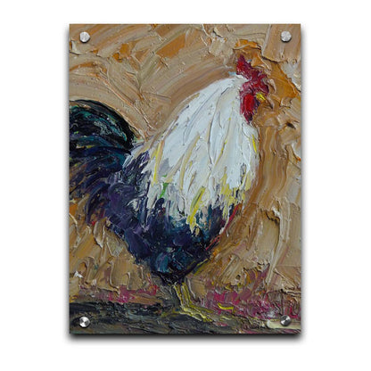 An expressive painting of a rooster, created with thick paint and wide brushstrokes. Printed on acrylic.