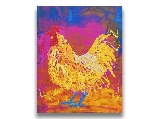 A drip painting of a vibrant yellow chicken on a pink and blue background. Printed on canvas.