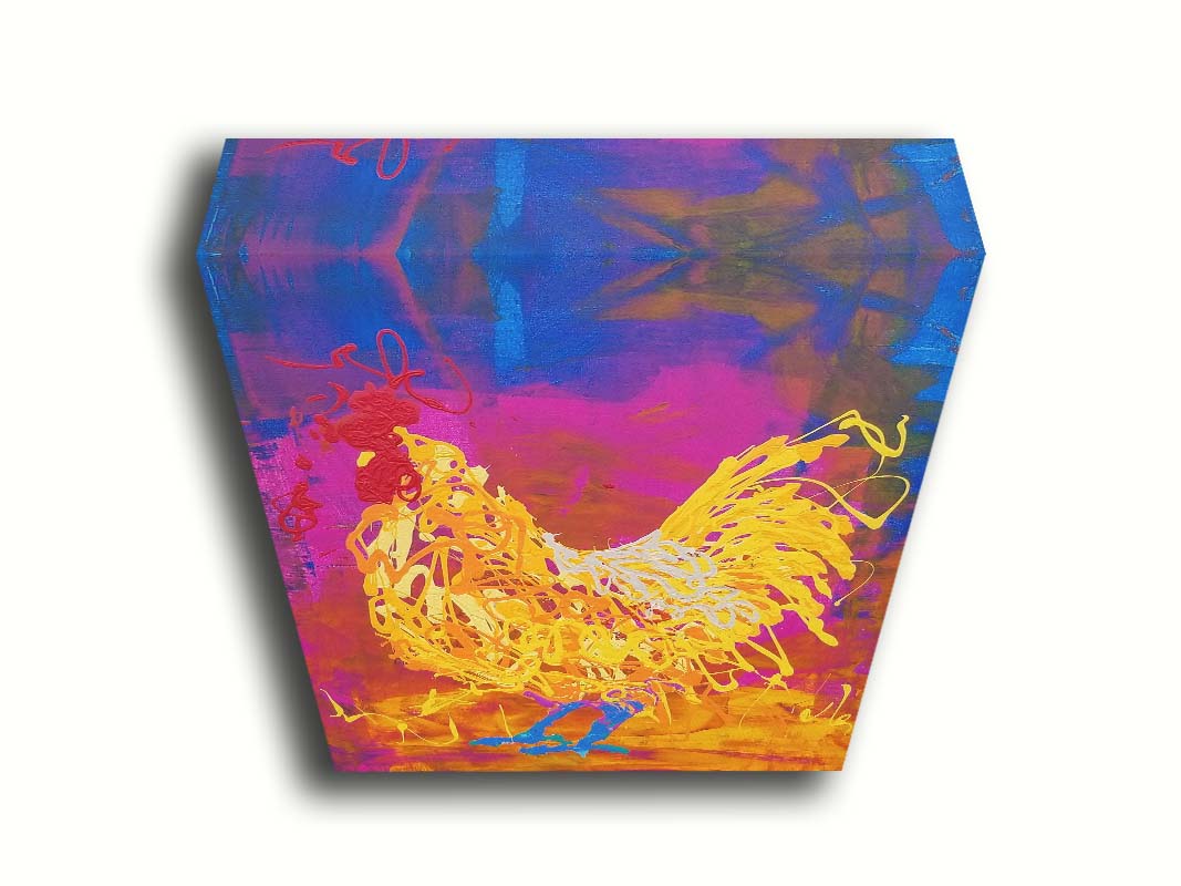 A drip painting of a vibrant yellow chicken on a pink and blue background. Printed on canvas.