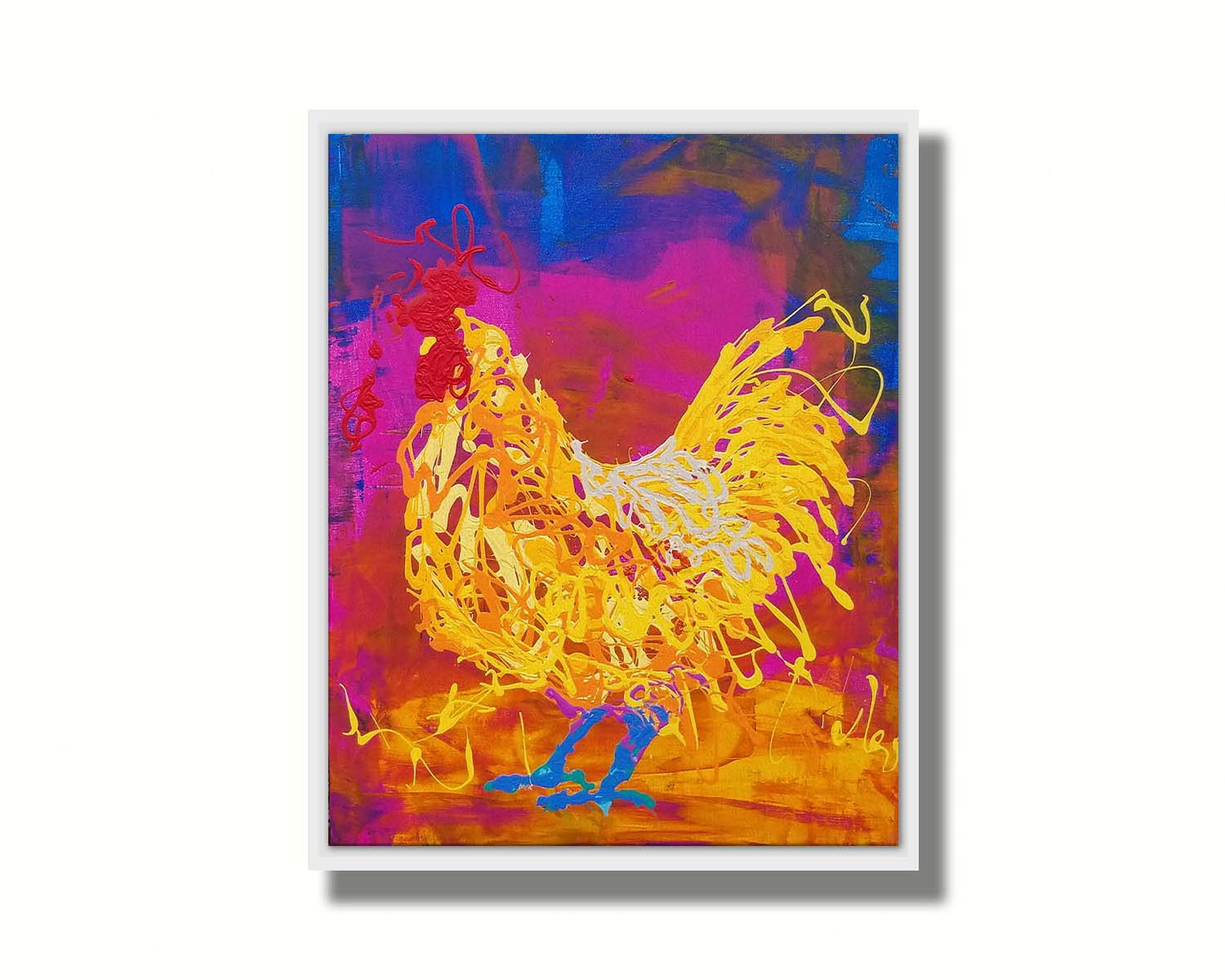 A drip painting of a vibrant yellow chicken on a pink and blue background. Printed on canvas in a float frame.