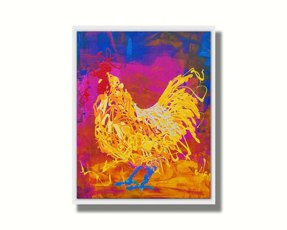 A drip painting of a vibrant yellow chicken on a pink and blue background. Printed on canvas in a float frame.