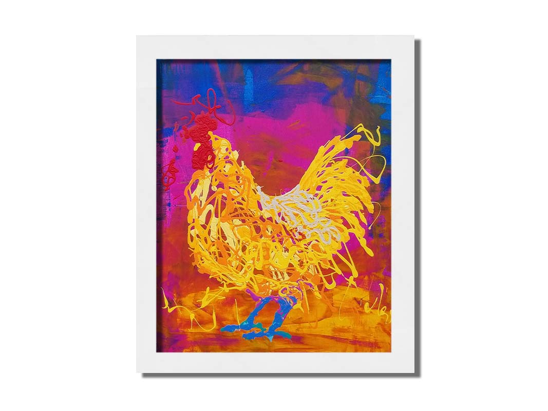 A drip painting of a vibrant yellow chicken on a pink and blue background. Printed on canvas and framed.