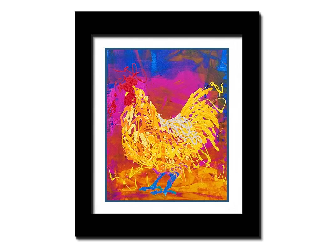 A drip painting of a vibrant yellow chicken on a pink and blue background. Printed on paper, matted, and framed.